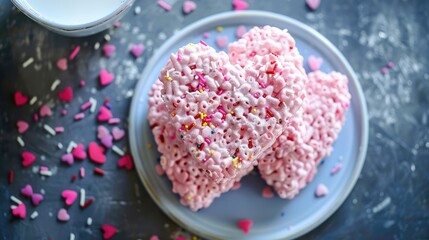 Obraz premium Pink heart shaped rice krispie treats topped with sprinkles served with milk homemade sweet treat for Valentines Day