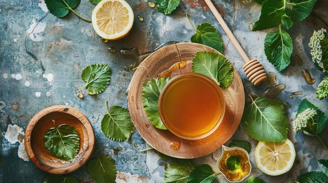Indian Ayurvedic Vasaka leaves or Justicia Adhatoda Tulsi leaves Honey Lemon Health tonic for fighting seasonal infections like cold flu