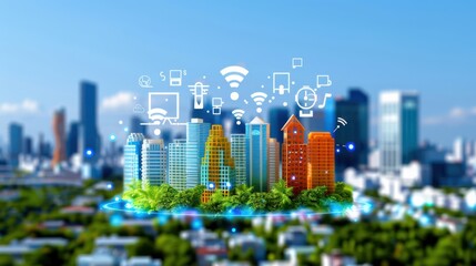 Obraz premium A cityscape with many buildings and a lot of technology