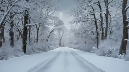 Fototapeta premium Snow-Covered Pathway Through Dense Forest with Snow-Laden Branches and Soft Grey Sky