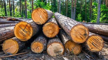 Wooden logs of pine wood in the forest stacked in a pile Freshly chopped tree logs are stacked up on top of each other in a pile