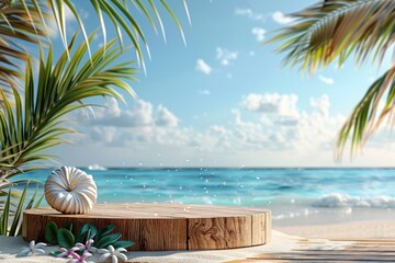Obraz premium Summer product display on wooden podium at sea tropical beach