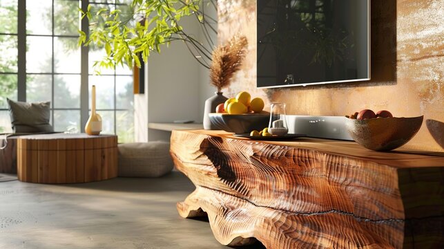 Rustic Elegance: Live Edge Wood TV Stand in Modern Living Room