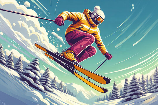 Individual mid-air skiing, yellow jacket, maroon pants, white helmet and goggles, yellow crossed skis. Snow spray, snow-covered trees, clear blue sky. Conveys skiing excitement and dynamic action
