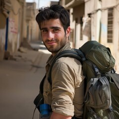 Young Adventurer Smiling in Urban Street With Backpack During Daytime Exploration