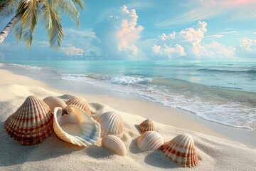 Obraz premium View of sandy beach with shells and palm tree with colored background