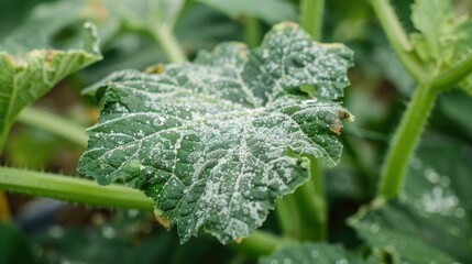 A problematic leaf on a zucchini plant Powdery mildew and chlorosis on the leaves