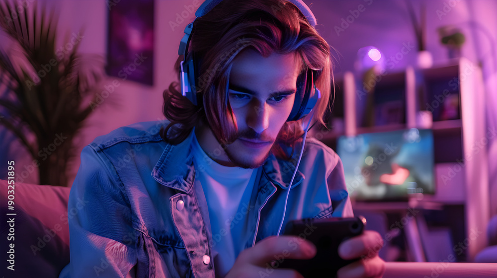 Wall mural person playing mobile game on cutting-edge smartphone with futuristic design and high resolution scr