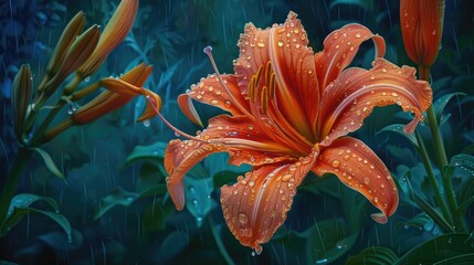 Bright colour Tiger lily after rain