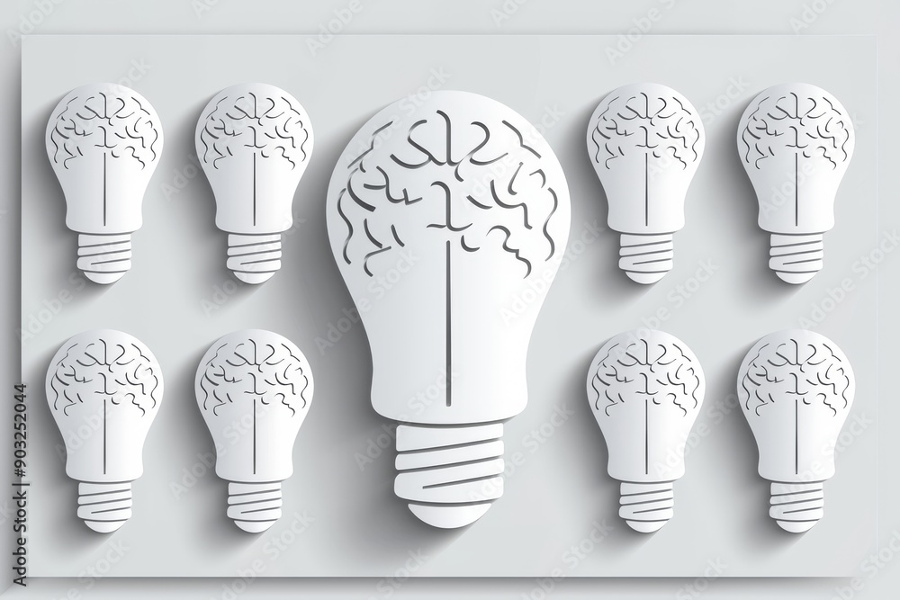 Poster white brain light bulb icons on a gray background in a minimalist style representing intelligence in