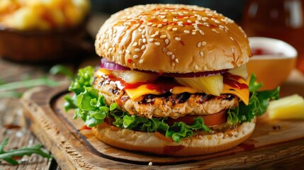Plump burger with chicken breast pineapple cheese lettuce and sauce on a wooden board Cheeseburger with sesame bun
