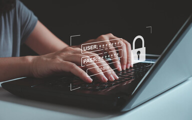 cyber security concept, woman hand typing on keyboard with login and password on screen display,...