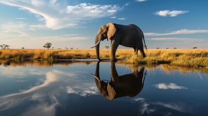 beautiful landscape with an elephant drinking water in a small lake in Africa with a blue sky