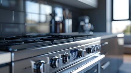 A closeup of a sleek stainless steel stove in a modern kitchen