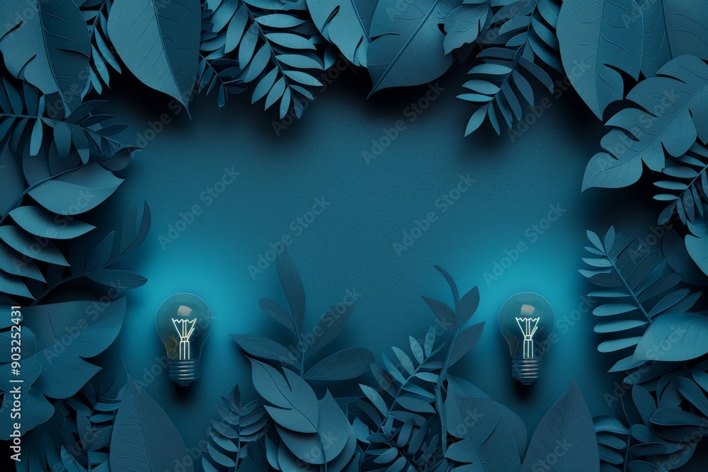 Poster deep teal leafy background with light bulbs hidden among the foliage creating a mysterious and encha