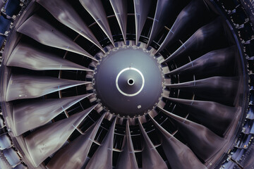 Closeup of jet engine turbine, emphasizing blade and central hub