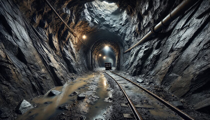 Naklejka premium Underground tunnel with railroad tracks of an old mine