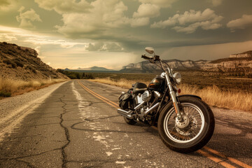 A Motorcycle in a vast desert under a dramatic sky, symbolizing