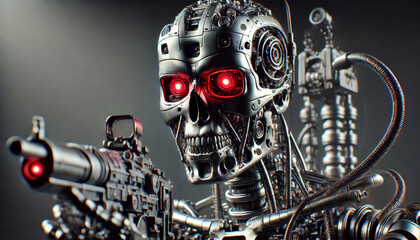 A Cyborg Terminator Head featuring Glowing Red Eyes and intricat