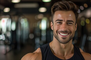 Obraz premium A fit muscular male personal trainer smiling at the camera in a gym, close up