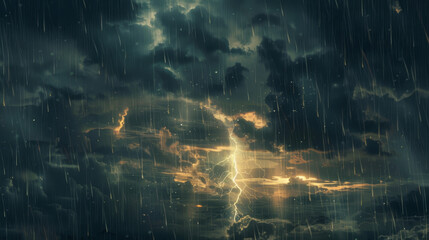 Dark clouds filled with rain, and a lightning bolt flashes across the sky.