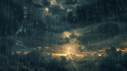 Dark clouds filled with rain, and a lightning bolt flashes across the sky.