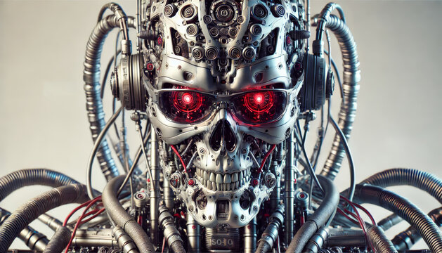A Cyborg Terminator Head featuring Glowing Red Eyes and intricat
