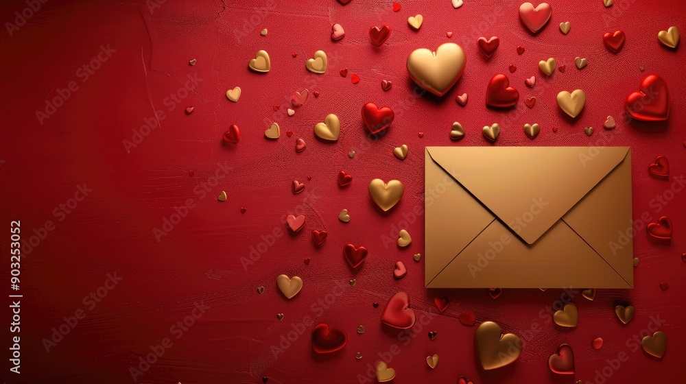 Poster romantic message in gold envelope on heart filled red backdrop customize text space