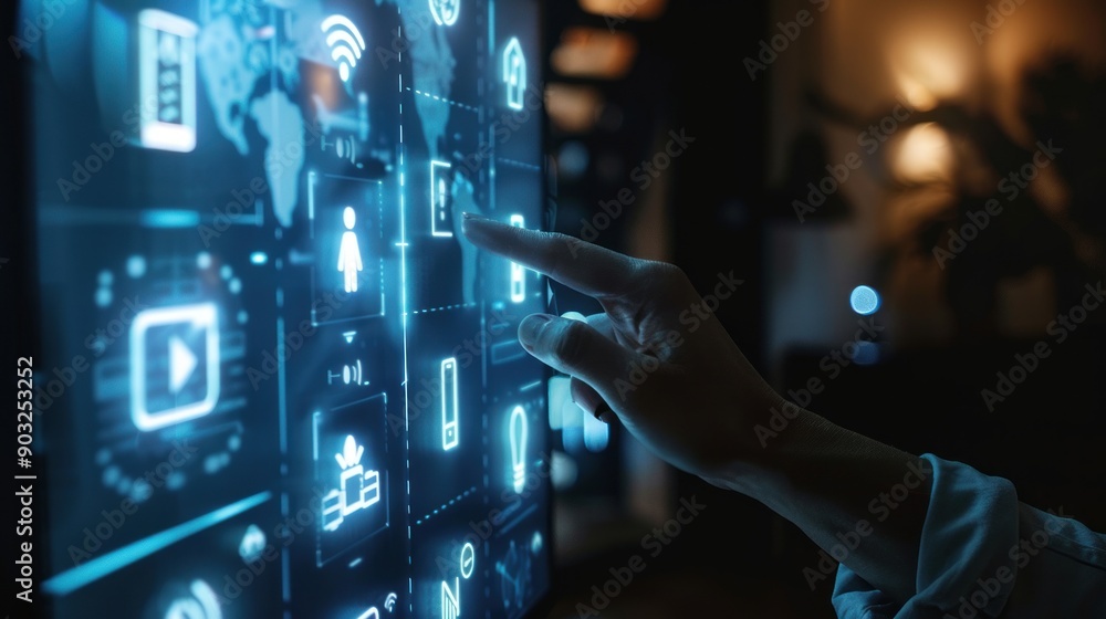 Poster hand interacting with a futuristic interface displaying various icons