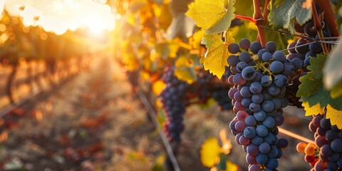 Sunlit Vineyard with Clusters of Ripe Grapes