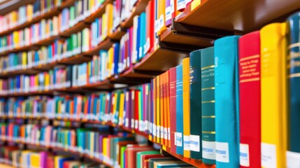 A long library with many bookshelves and a long aisle