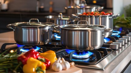 Stainless Steel Pots on a Gas Stove with Blue Flames
