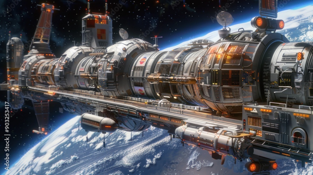 Poster the image depicts a futuristic spaceship orbiting earth highlighting its intricate design and the va