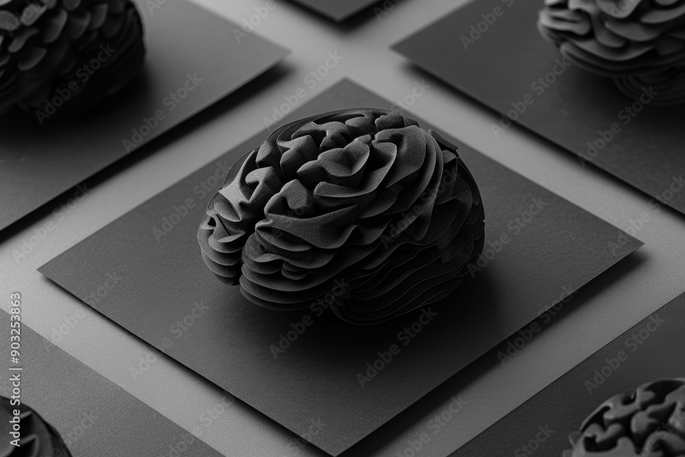 Poster black brain light bulb sculptures on a dark gray grid background combining art and intellect in a mo