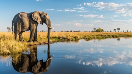 Fototapeta premium beautiful landscape with an elephant drinking water in a small lake in Africa with a blue sky