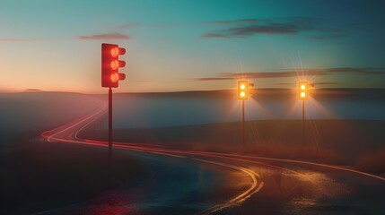 Car headlights and traffic lights on a winding road at night