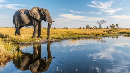 Fototapeta premium beautiful landscape with an elephant drinking water in a small lake in Africa with a blue sky
