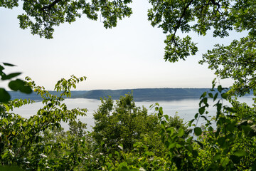 Obraz premium A gorgeous view of water near trees and plants at a local park in Minnesota.