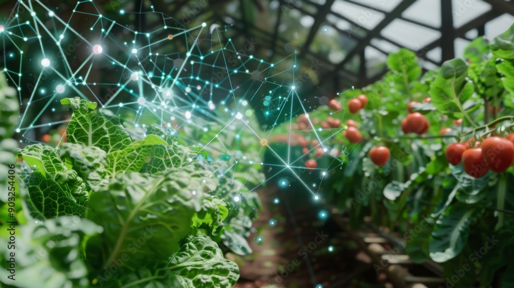 Poster a close-up view of leafy greens growing in a greenhouse with a network of glowing lines representing