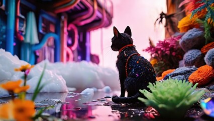 Black Cat in a Colorful Fantasy World.