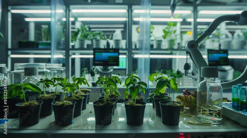 Poster A row of potted plants sit on a white table in a laboratory setting. The plants are illuminated with fluorescent lights, and there are beakers and other scientific equipment in the background.