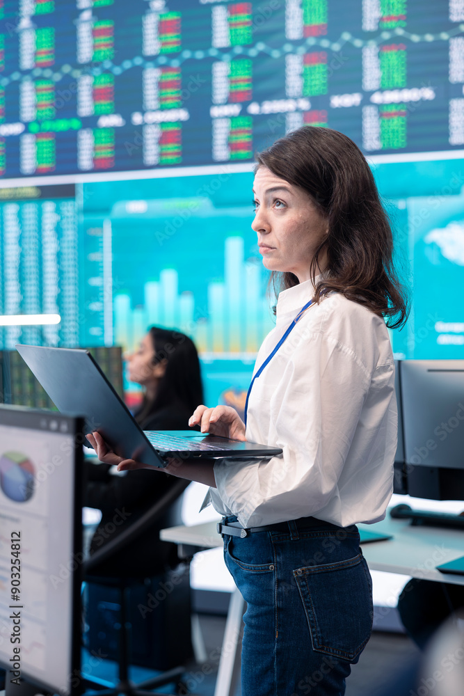 Poster business operator gathering insight on key performance indicators for shareholders, communicating or