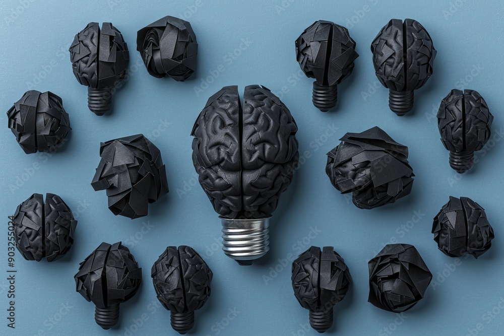 Poster black brain light bulb icons on a blue background creating a striking visual contrast and symbolizin