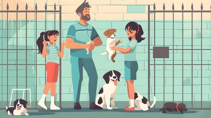 Happy family choosing a dog at an animal shelter