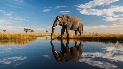 beautiful landscape with an elephant drinking water in a small lake in Africa with a blue sky