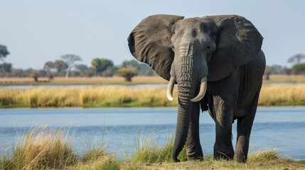 beautiful landscape with an elephant drinking water in a small lake in Africa with a blue sky