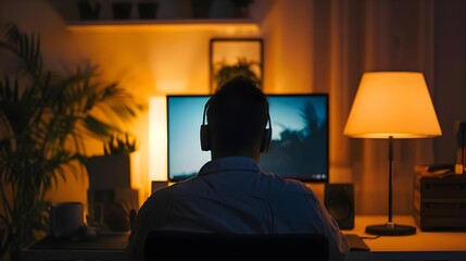 Fototapeta premium Man participating in an online meeting in front of webcam