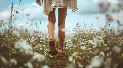 Midsection of woman walking in field