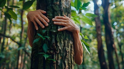 Nature lover hugging tree trunk