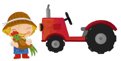 cartoon scene with farmer man standing doing some activity near tractor isolated background illustation for children